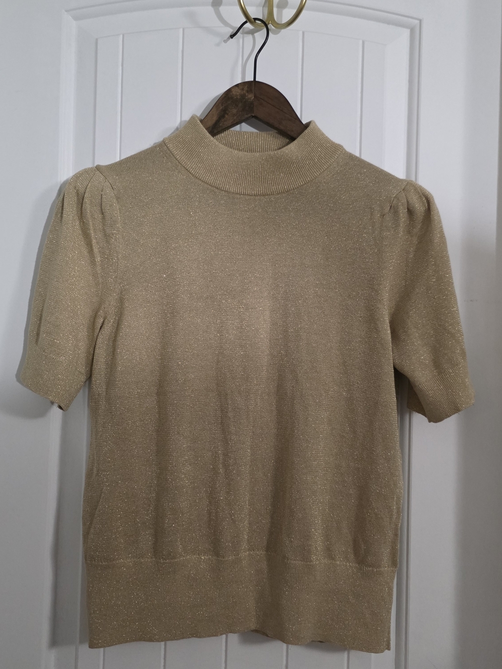 Michael Michael Kors Gold Metallic Puff Sleeve Mock Neck Sweater – Size M - Picture 2 of 10